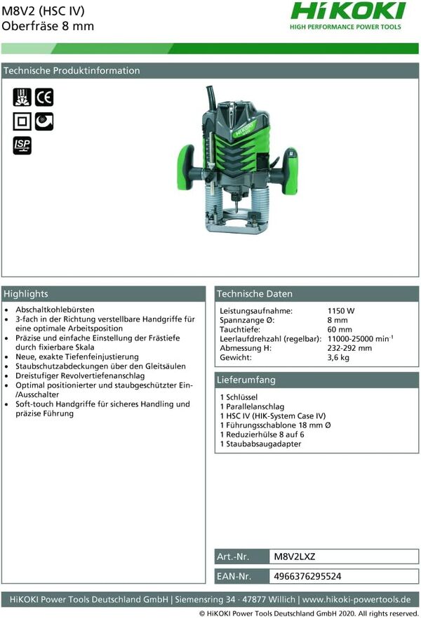 HiKOKI Oberfräse M8V2 (1150W, Spannzange Ø 8 mm, 60 mm Hubhöhe, Soft-touch, verstellbare Handgriffe, Transportkoffer, Zubehör)
