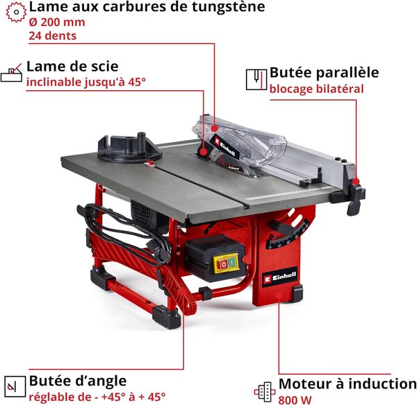 Einhell Scie circulaire sur table TC-TS 8 I (800 W, hauteur de coupe 45 mm, lame Ø 200 mm, butée d’angle, butée parallèle, raccord pour aspirateur, avec lame aux carbures de tungstène)
