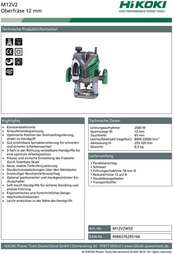 HIKOKI 51454276 - Fresadora 2200W pinza de 12 8000-20000 rpm con maletín M12V2Z