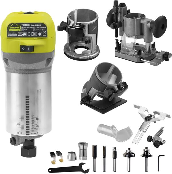 DEWINNER Défonceuse électrique Compacte 220V 710W, Défonceuse et Tronçonneuse, 3 Bases Incluses, 3 Pinces de 1/4