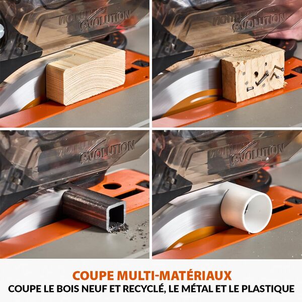 Evolution Power Tools R255TBLX+ Scie de Table avec Support (Nouvelle Génération de Rage 5-S) Lame de Coupe Multi-Matériaux Coupe Bois, Métal, Plastique, Biseau de 45˚, Angle d'onglet de +/- 60˚, 1800w