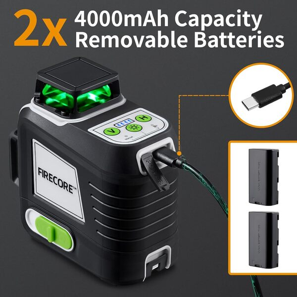 Firecore G50 Niveau laser vert 3 × 360°, niveau bricolage auto-nivelant avec support magnétique, laser en croix avec batterie au lithium et sac en tissu portable