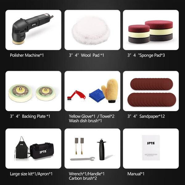 SPTA Polisseuse Excentrique, 780W Polisseuse Voiture, 1500-5500 OPM Orbitale Polisseuse Électrique, 80 100mm Polissage Pad, Variable à 6 Vitesses, Polissage, Cirage, Ponçage Kit