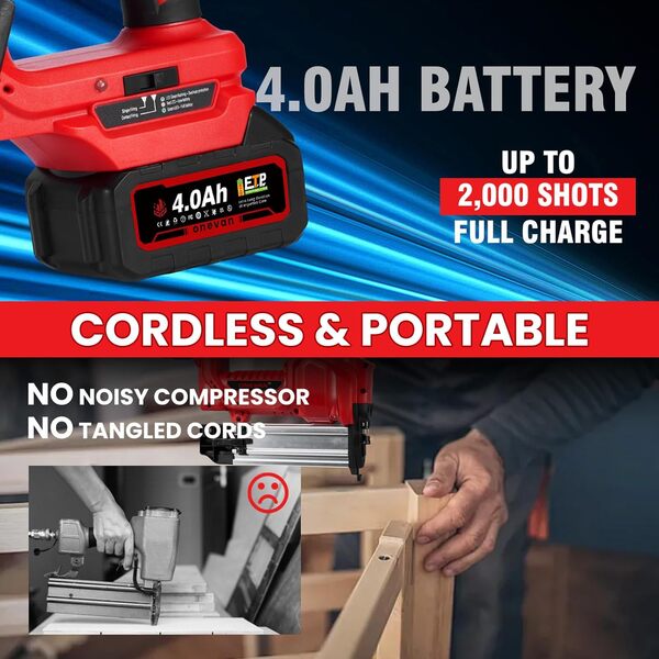 ONEVAN cloueuse electrique sans fil, 2 en 1 cloueuses et agrafeuses electrique avec une 4.0ah batterie, 100 clous/min, luz led, 200 clous ed agrafes, agrafeuse sans fil pour tapisserie, menuiserie