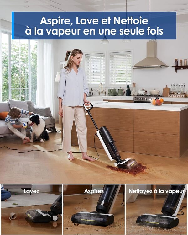 Tineco IFLOOR 5 Steam Aspirateur Vapeur Aspirateur Sec Humide Tout-en-Un, Nettoyeur Vapeur Sol, Parfait pour Les Saletés Collantes, Vapeur à Haute Température à 120°C, Auto-Nettoyage à la Vapeur