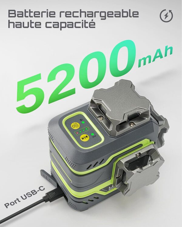 LasGoo LG-3DM Niveau laser à faisceau vert, laser à croix laser 3x360° pour la construction et l'accrochage d'images, batterie rechargeable 5200mAh, câble Type-C, support magnétique pivotant inclus
