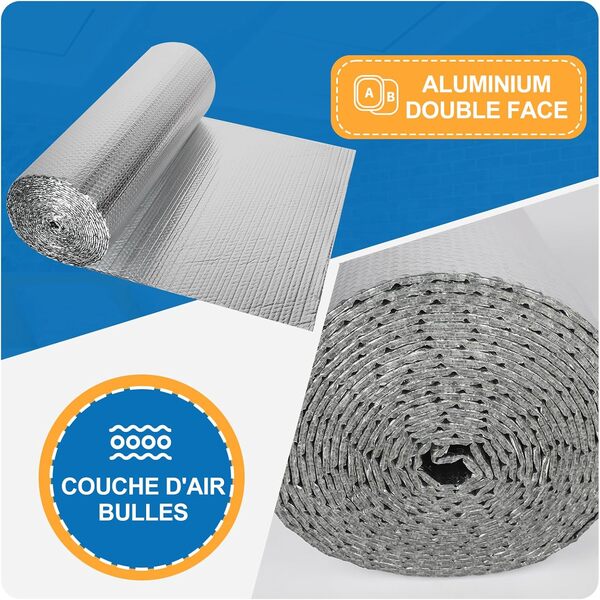 Isolant Thermique 0,6x10M, Rouleau Film Aluminisé a Bulles Double Face 4mm Résistant pour Réflecteur de Chaleur et de Froid, Idéal pour Radiateur, Mur, Voiture, Fenetre